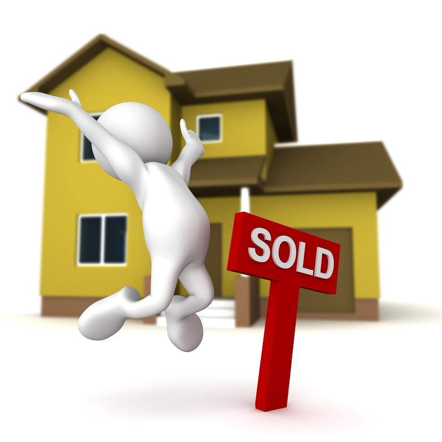 Three dimensional render of a cartoon human figure, jumping for joy next to a SOLD sign, with a home in the background.